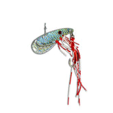 Silver holographic fishing lure with red and white skirt, single hook, and reflective finish