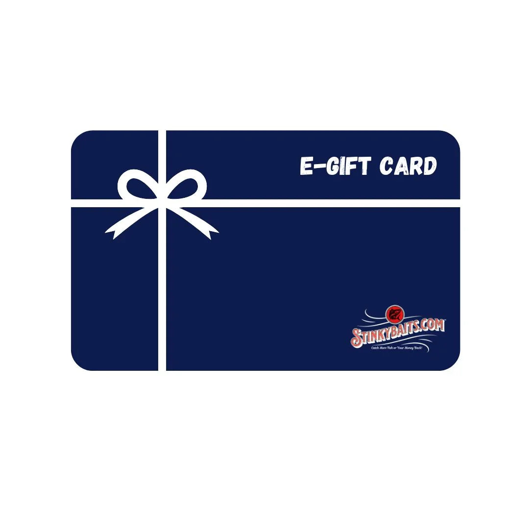 Blue e-gift card with white ribbon graphic and text for fishing tackle gifts