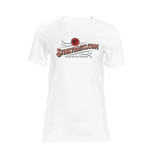 White fishing t-shirt with 'STINKYBAITS.COM' logo and slogan on front, isolated on white background.