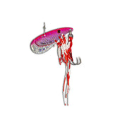 Pink and silver fishing lure with red and white skirt and treble hook on white background