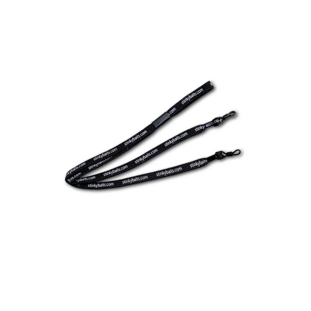 Black sunglass strap with repeating white stinkybaits.com text and clip attachments